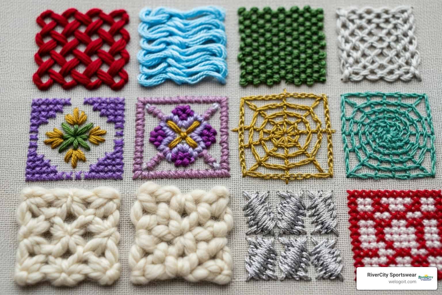 Image of embroidery techniques showing different stitch patterns and thread types - custom logo fleece blankets Image of embroidery techniques showing different stitch patterns and thread types - custom logo fleece blankets