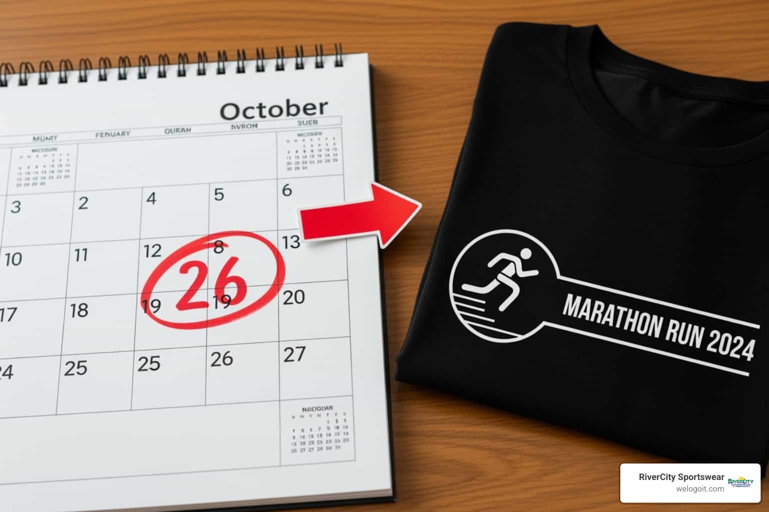 calendar with a tight deadline circled and an arrow pointing to a finished custom t-shirt - quick turnaround screen printing calendar with a tight deadline circled and an arrow pointing to a finished custom t-shirt - quick turnaround screen printing