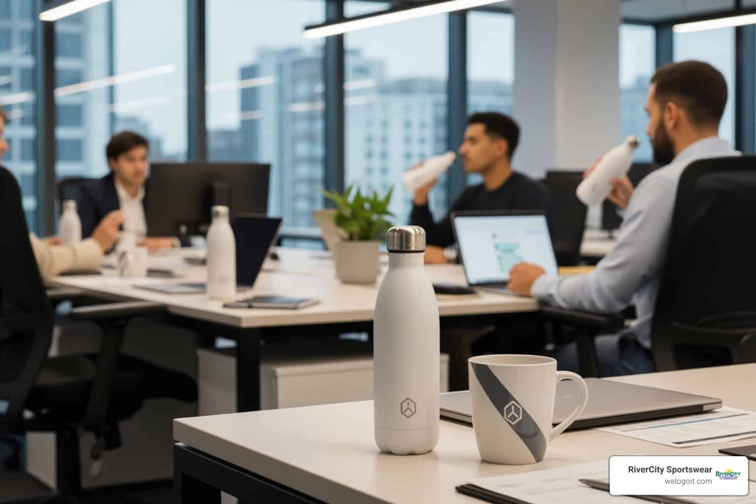 branded water bottles and coffee mugs being used in an office setting - promotional marketing products for events branded water bottles and coffee mugs being used in an office setting - promotional marketing products for events