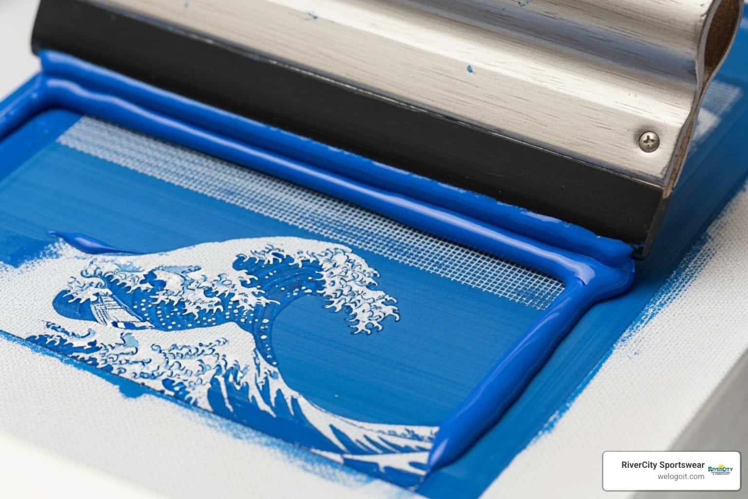 screen printing process showing a squeegee pushing ink through a mesh screen - quick turnaround screen printing Blue screen printing frame with Wave design for custom sportswear printing.