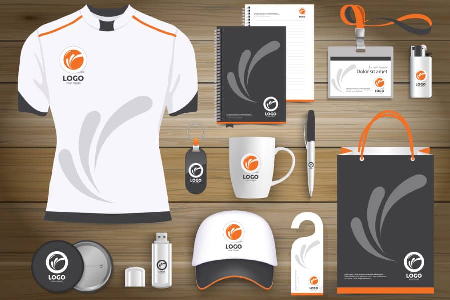 Array of Kyle promotional products, including apparel and office items.