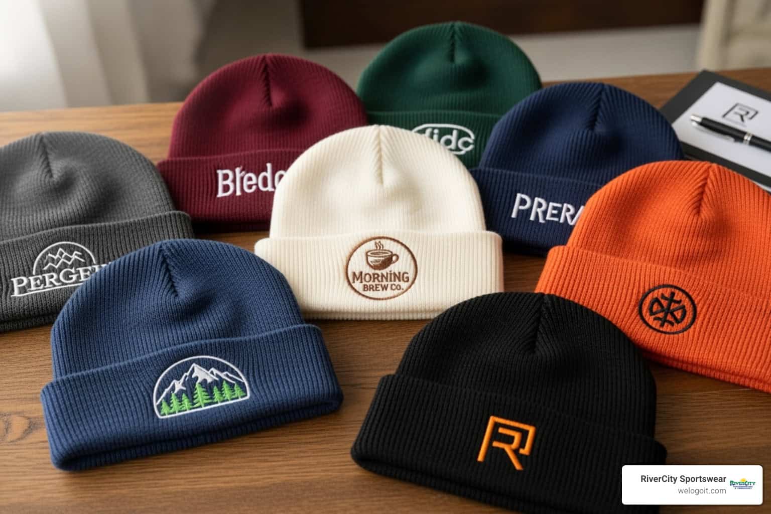 embroidered-beanies-ultimate-guide-image Knitted beanies with custom embroidered logos for RiverCity Screenprinting and branding.